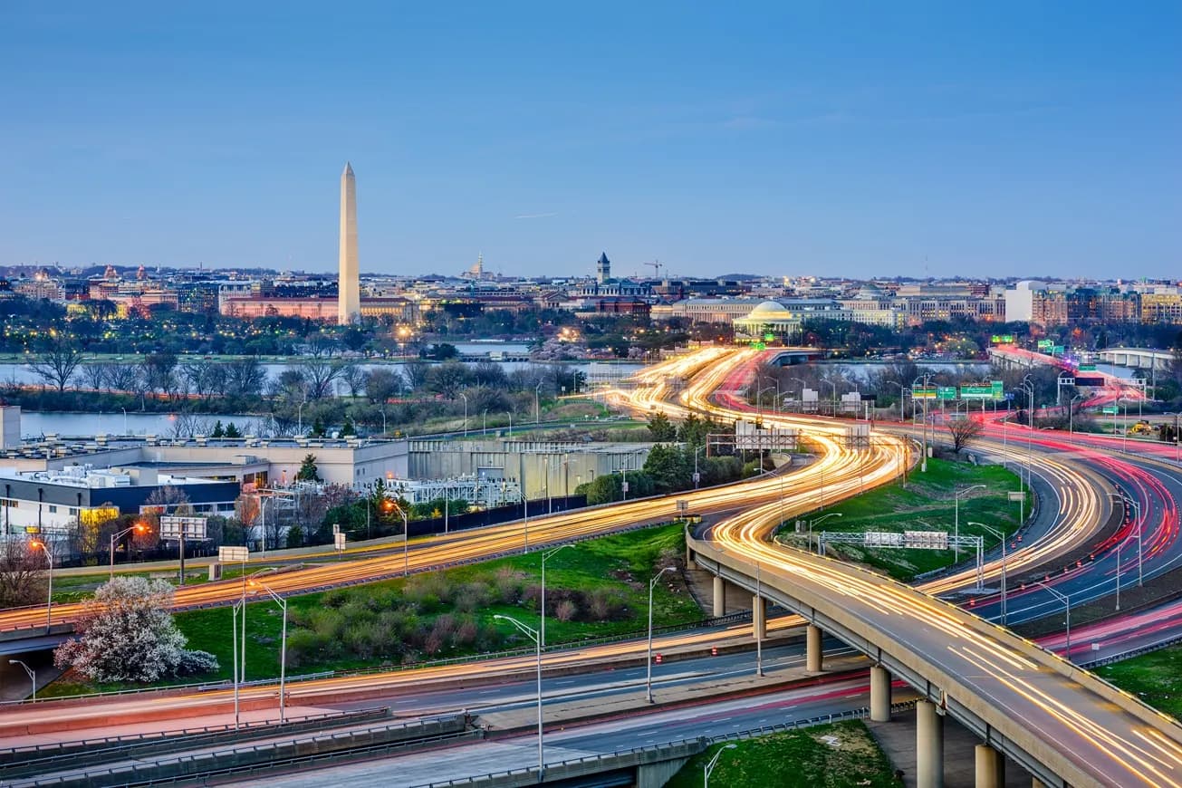 The Washington, DC skyline at dusk over the Potomac