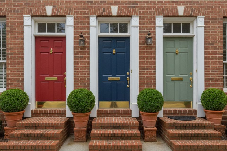 Three townhouse front doors side by side, painted red, navy and sage green.