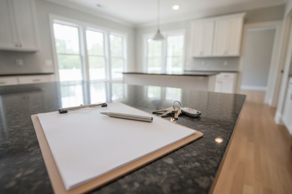 A purchase agreement on a clipboard with a pen and a set of house keys.