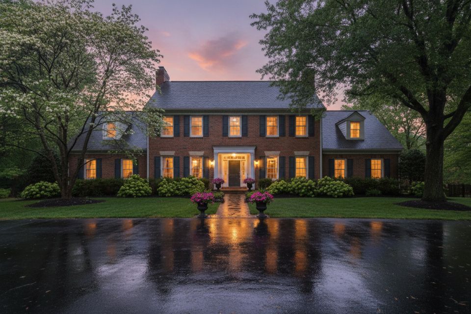 A two-story home at dusk after a spring rain, its windows lit.