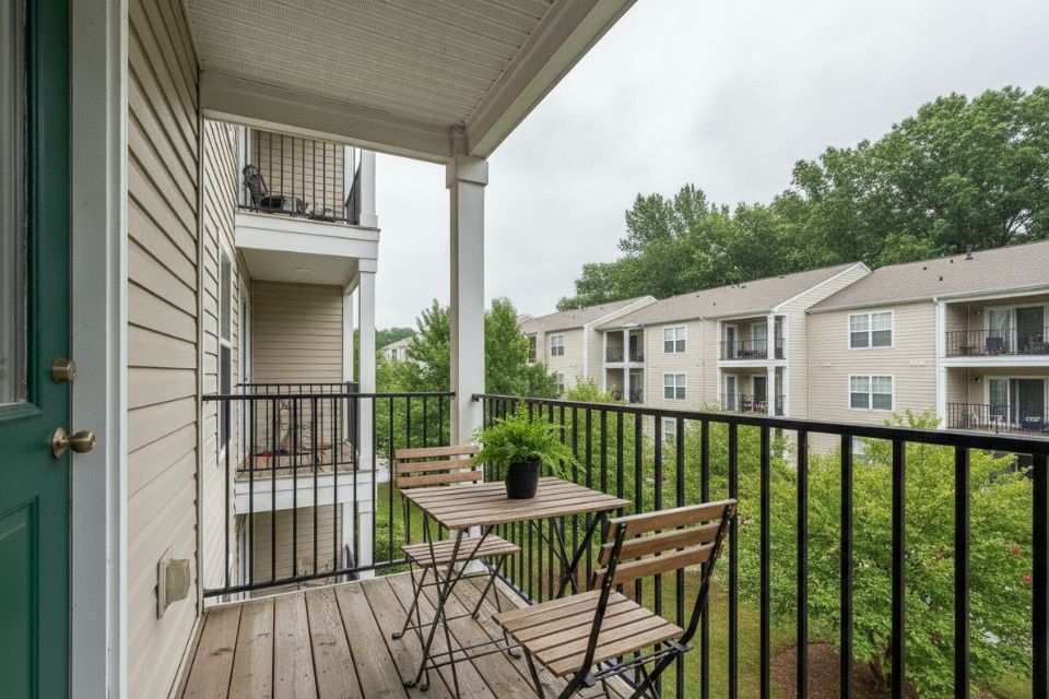 A small covered condominium balcony with a wooden bistro table and two chairs.