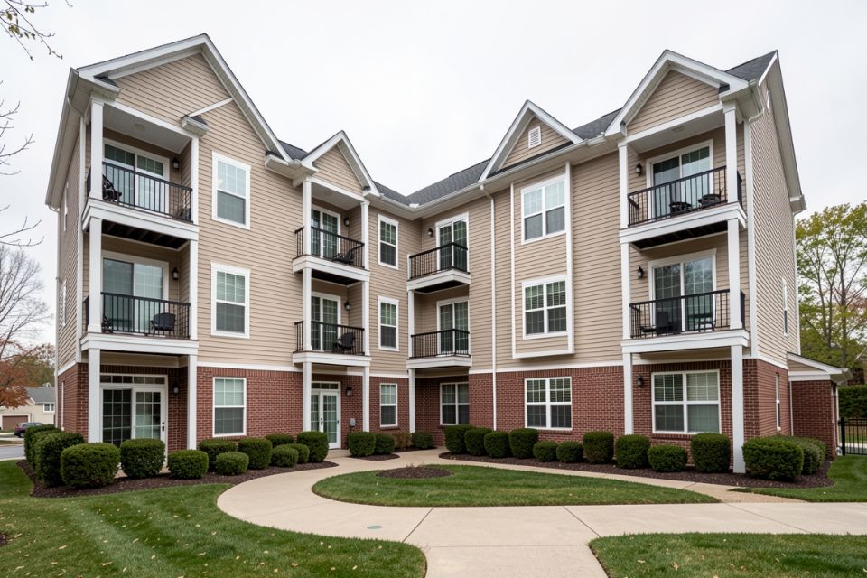 A five-story condominium building with stacked balconies over a landscaped courtyard.