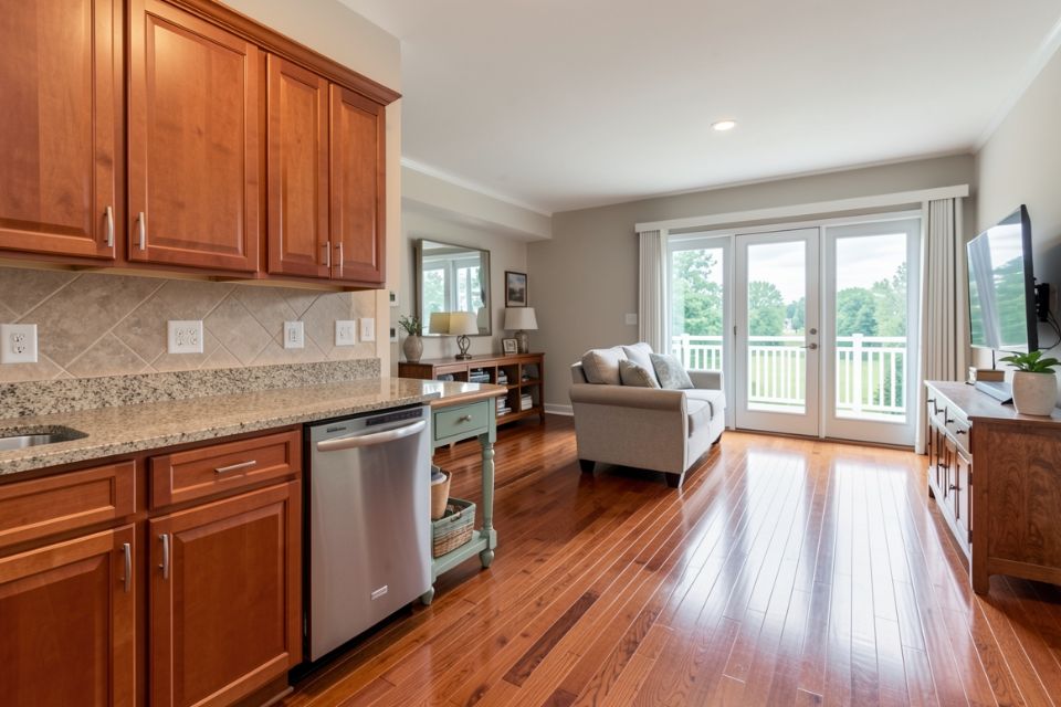 An open condominium kitchen and living room with cherry cabinets and hardwood floors.