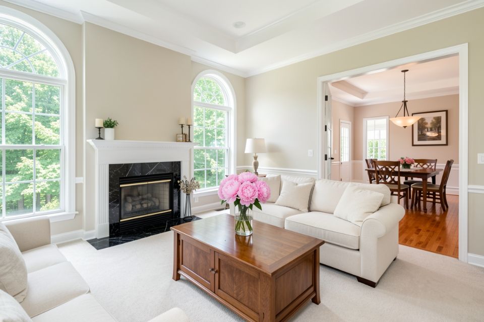 A bright living room with tall arched windows, a white fireplace mantel and a cream sofa.