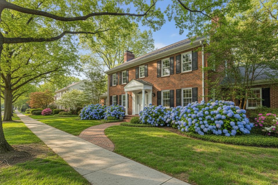 A red brick colonial home with black shutters and blue hydrangeas beside the walk.