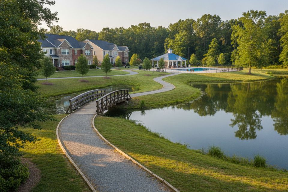 A walking trail and footbridge beside a pond in a planned community, homes beyond the trees.