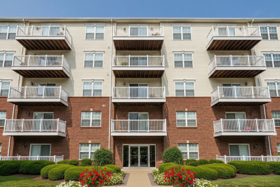 A four-story condominium building with stacked balconies and a landscaped entrance.