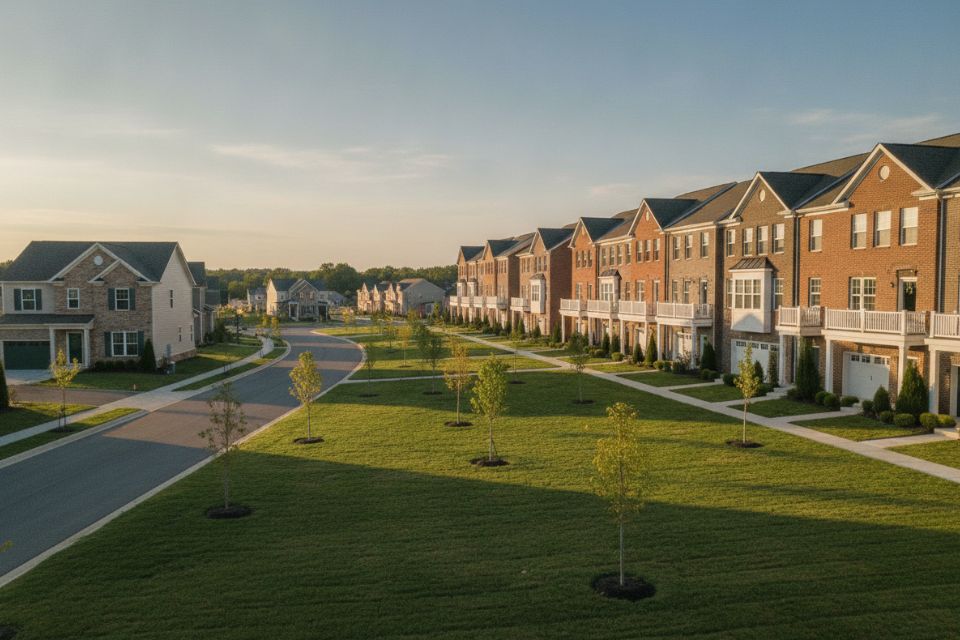 New detached homes facing a row of brick townhomes across a green common.