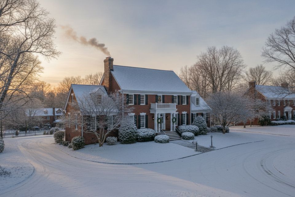 A brick colonial home on a quiet cul-de-sac after a light snow.