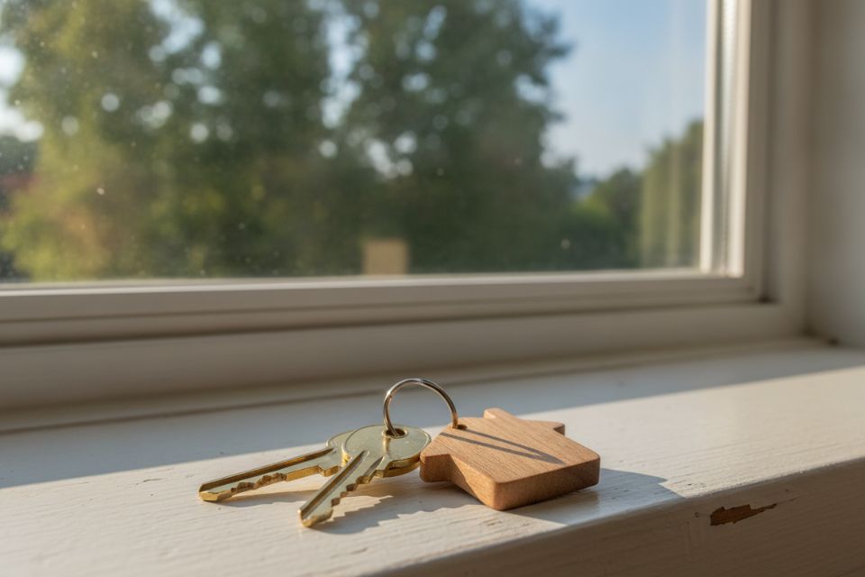 Two brass house keys with a wooden house-shaped tag on a white windowsill.