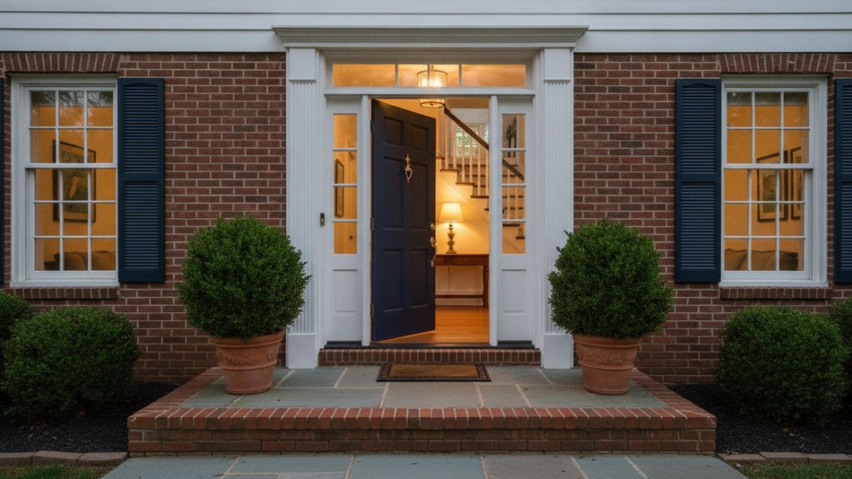 The open navy front door of a colonial home in the evening, a key ring in the lock.