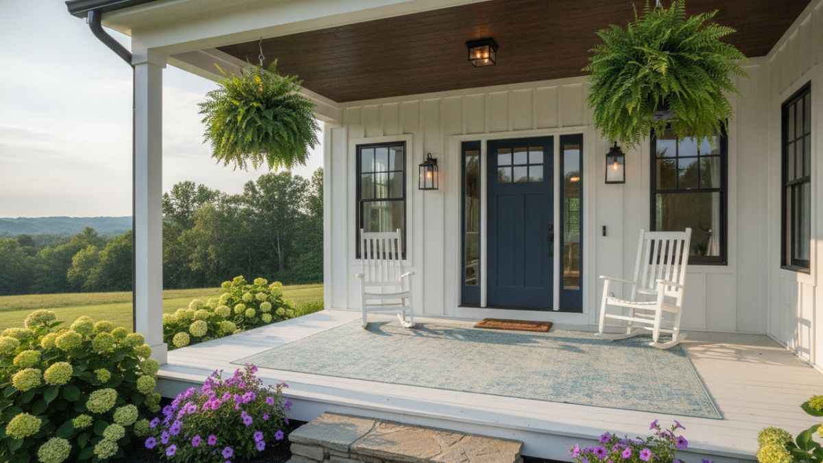 A front porch with two rocking chairs, hanging ferns and a navy front door.