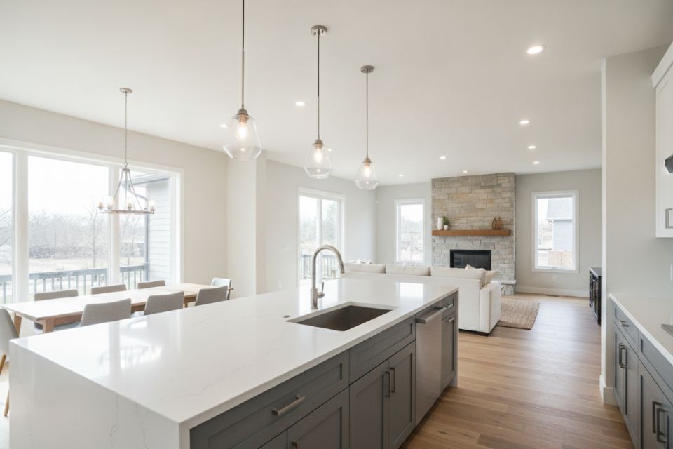 An open modern kitchen with a long white quartz island and glass pendant lights.