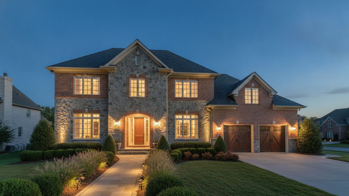 A large stone and brick home at twilight with glowing windows and a lit front walk.