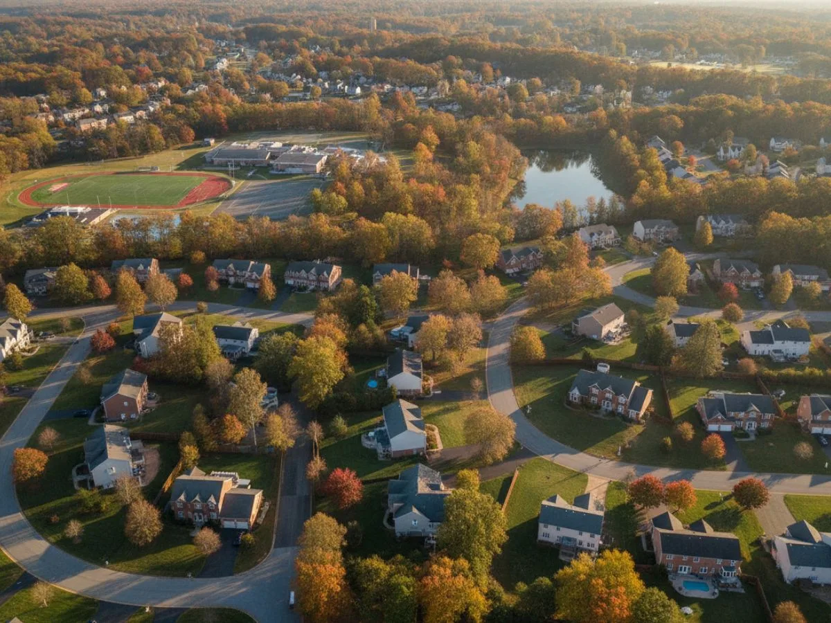 A suburb from the air in autumn: curving streets of brick and siding homes, a school field and a pond.