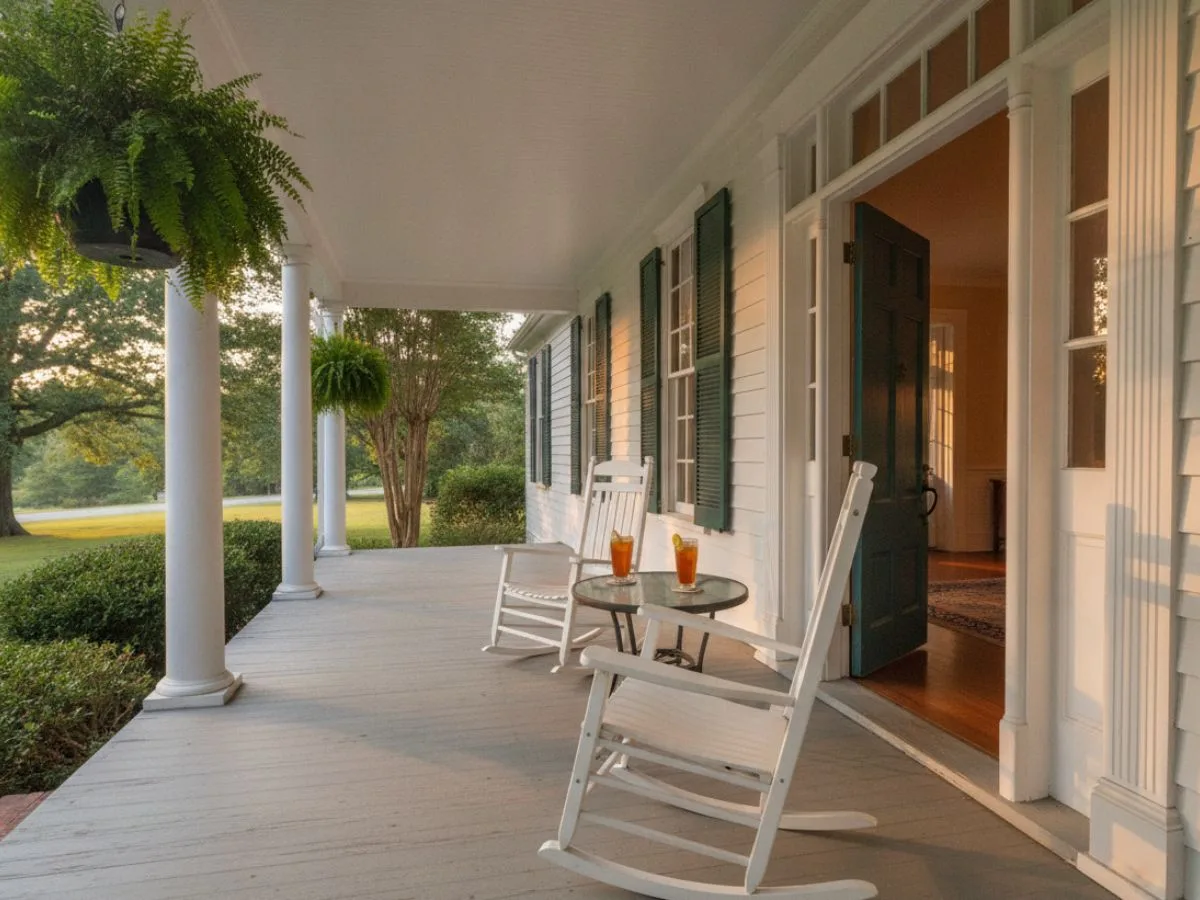 A white front porch in evening light, two rocking chairs and two glasses of iced tea beside an open door.