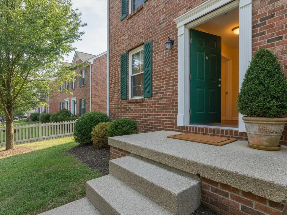 The front steps of a red brick townhouse, its green door open and the hall light on inside.