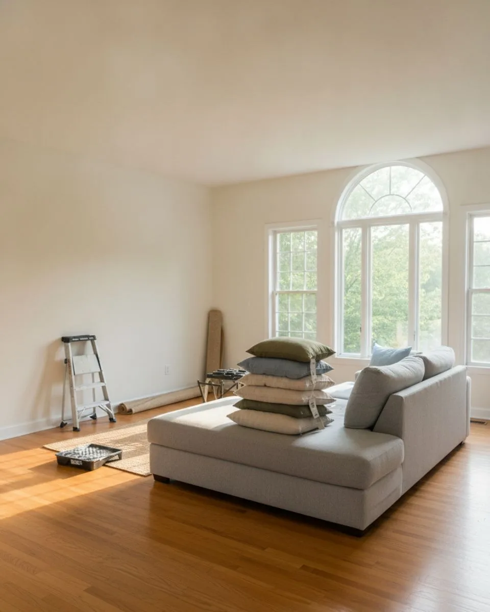 A living room midway through staging: fresh white walls, a stepladder and paint tray, new pillows stacked on the sofa.