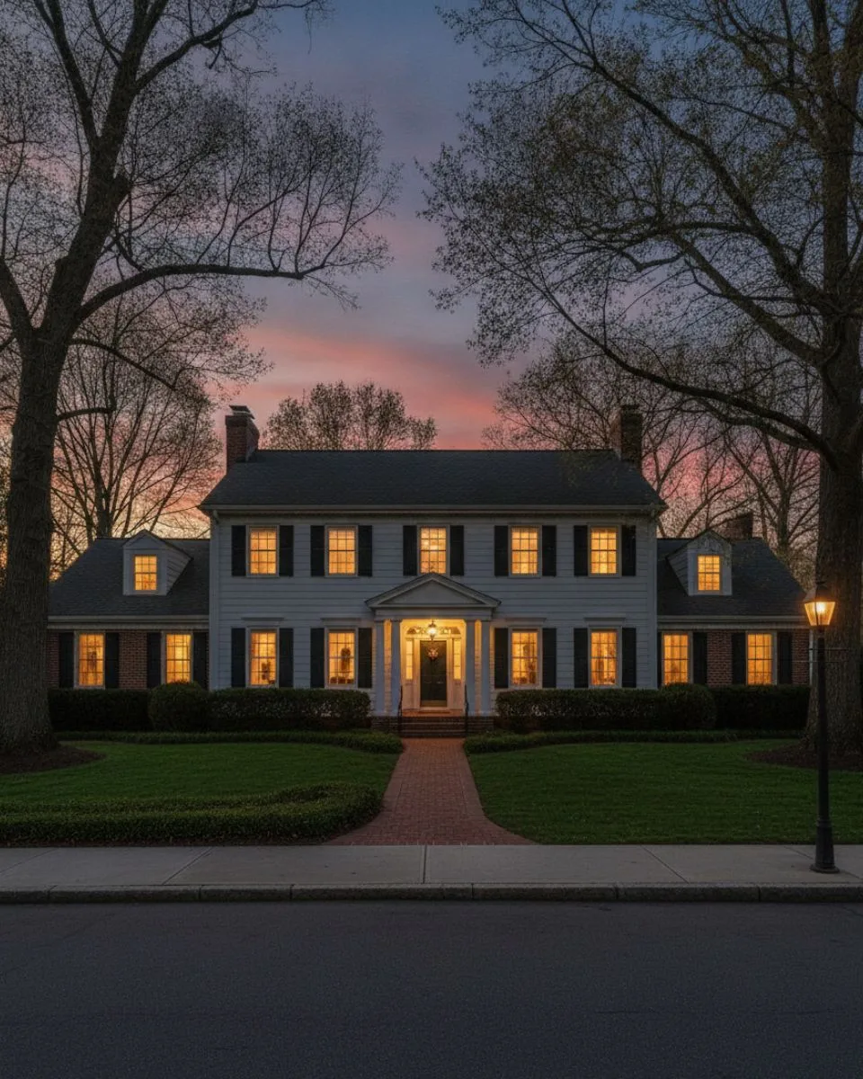 A white colonial at dusk with every window lit, a brick walk leading across the lawn to the door.