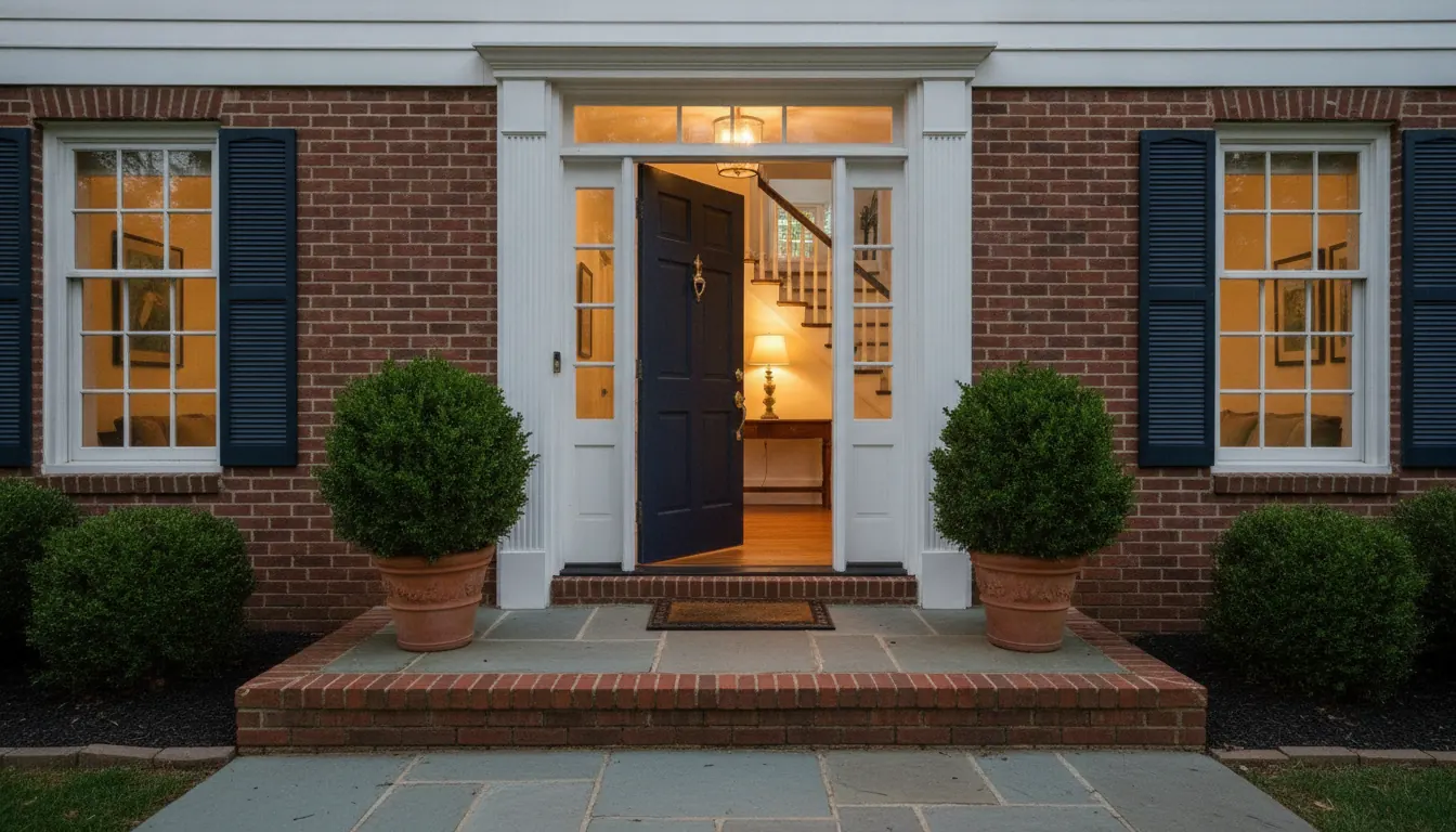 A navy front door standing open into a lit hall, a brick step and two potted boxwoods.