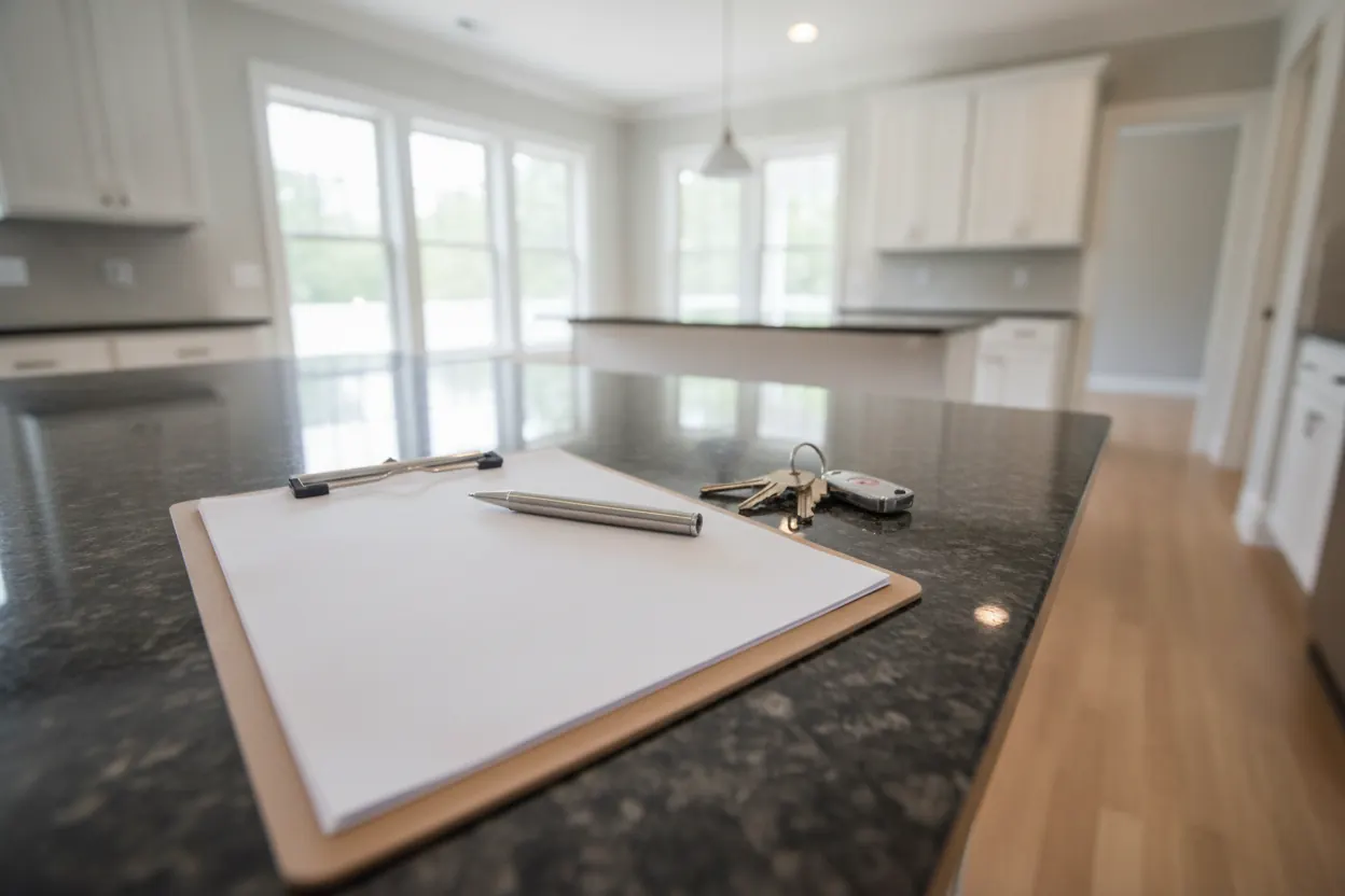 A clipboard, a pen and a set of house keys on a kitchen island.