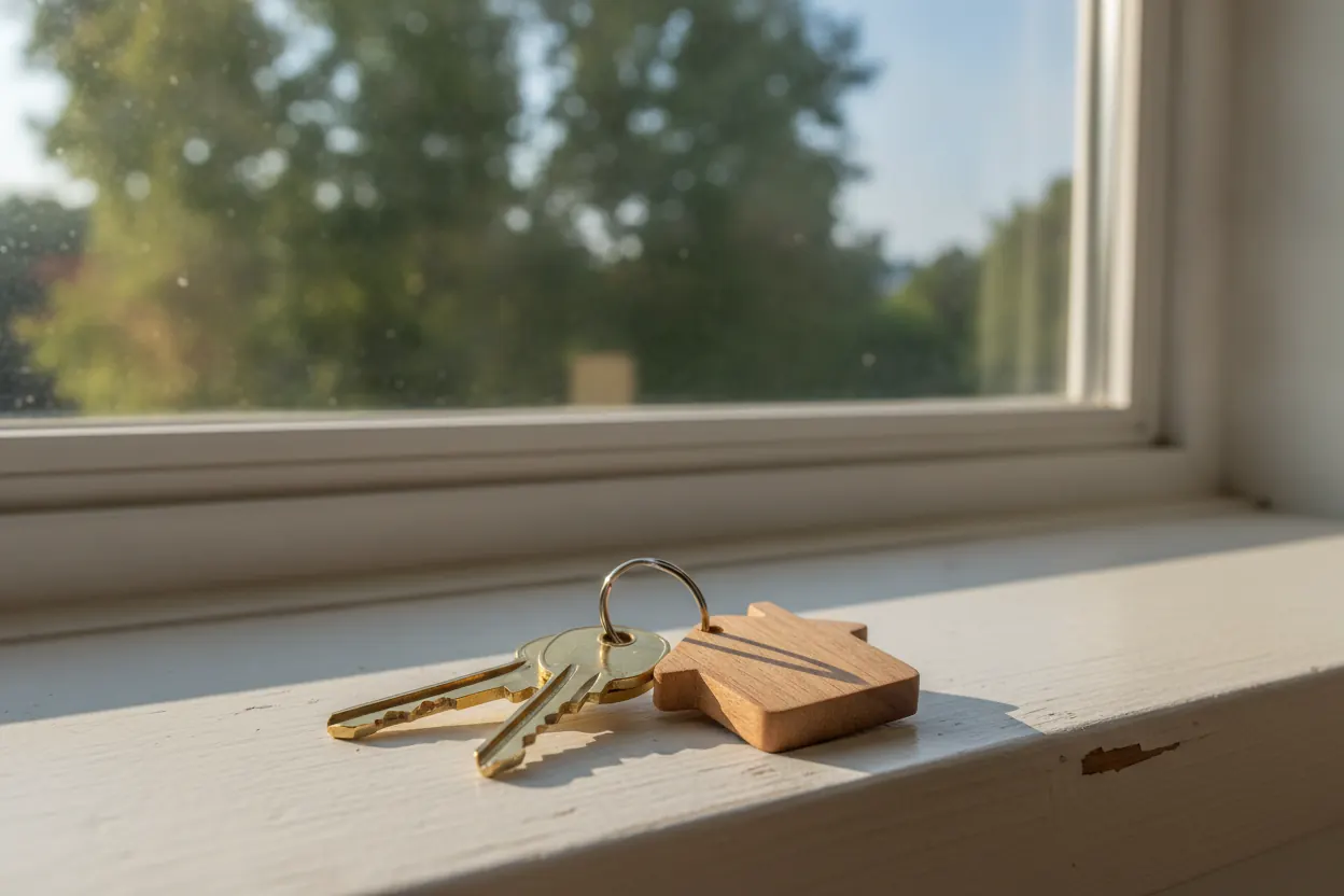 A set of house keys on a sunlit windowsill, trees beyond the glass.